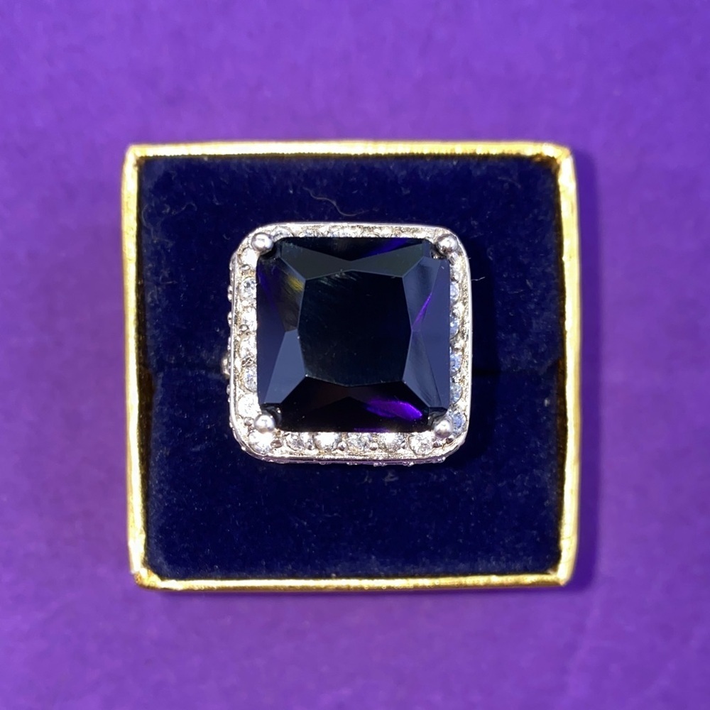 💛 Vintage Sterling Silver Dark Blue & White CZ Cocktail Ring | Bold Statement - Picture 2 of 10